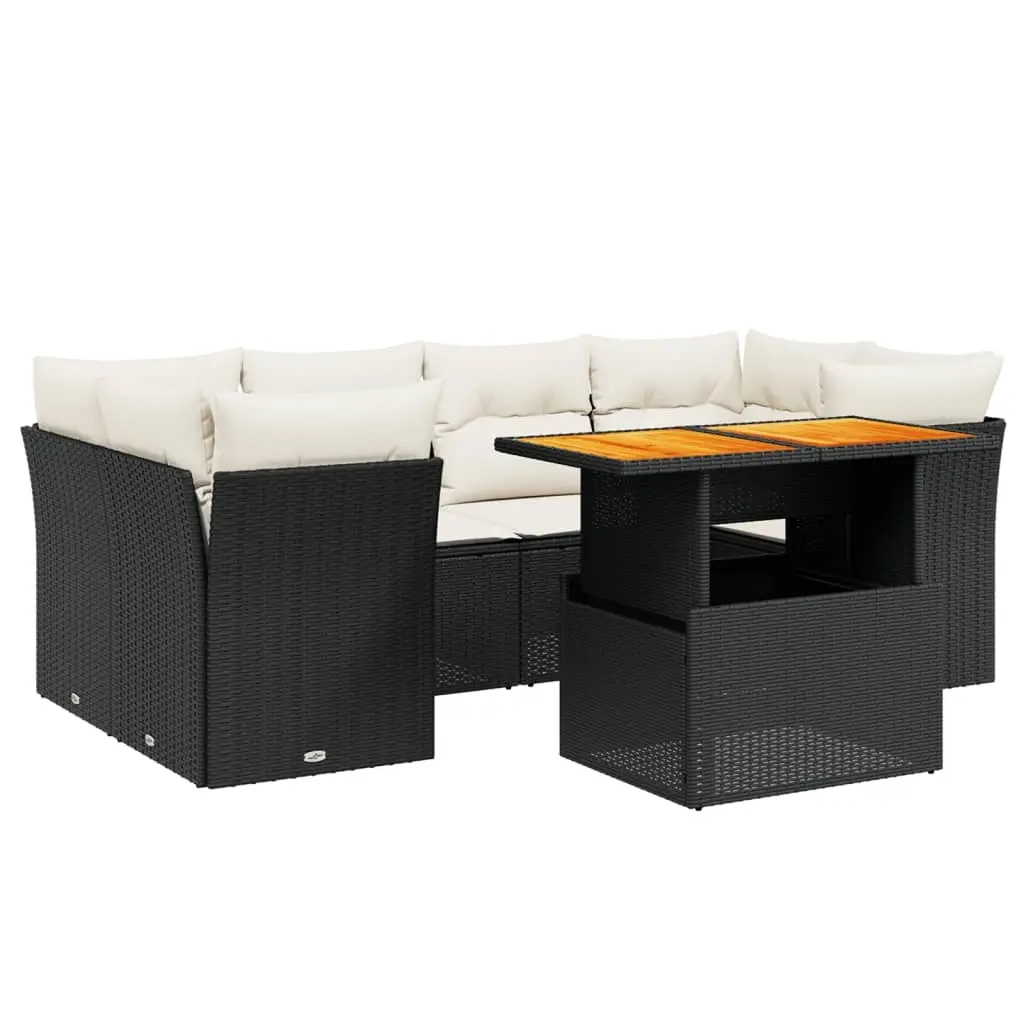7 Piece Garden Sofa Set with Cushions Black Poly Rattan 3270685 - Furniture