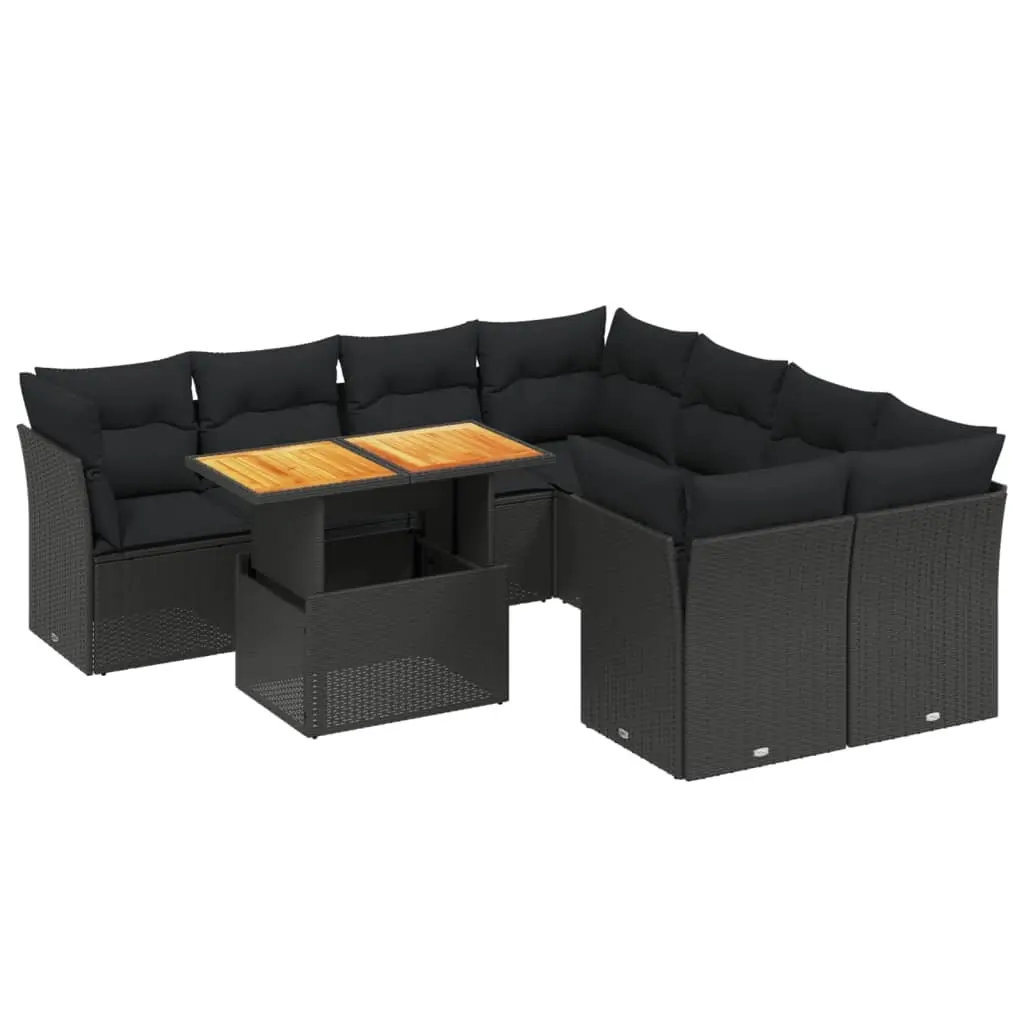 9 Piece Garden Sofa Set with Cushions Black Poly Rattan 3270719 - Furniture