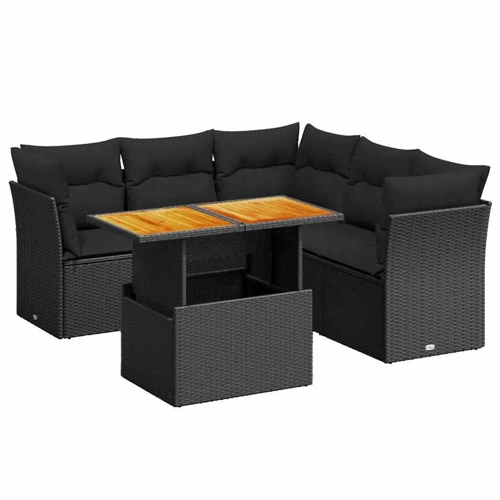 5 Piece Garden Sofa Set with Cushions Black Poly Rattan 3270824 - Furniture