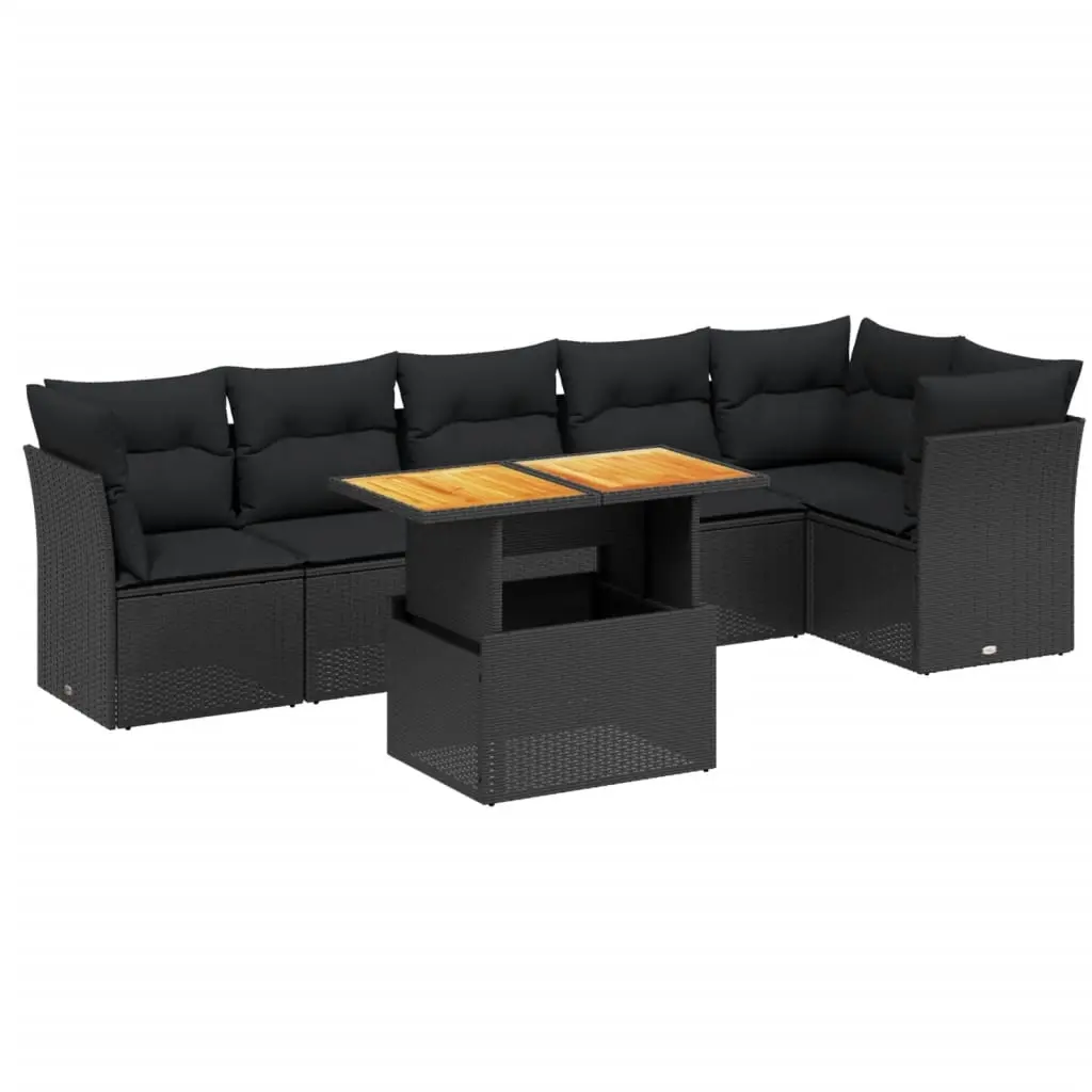 7 Piece Garden Sofa Set with Cushions Black Poly Rattan 3270838 - Furniture