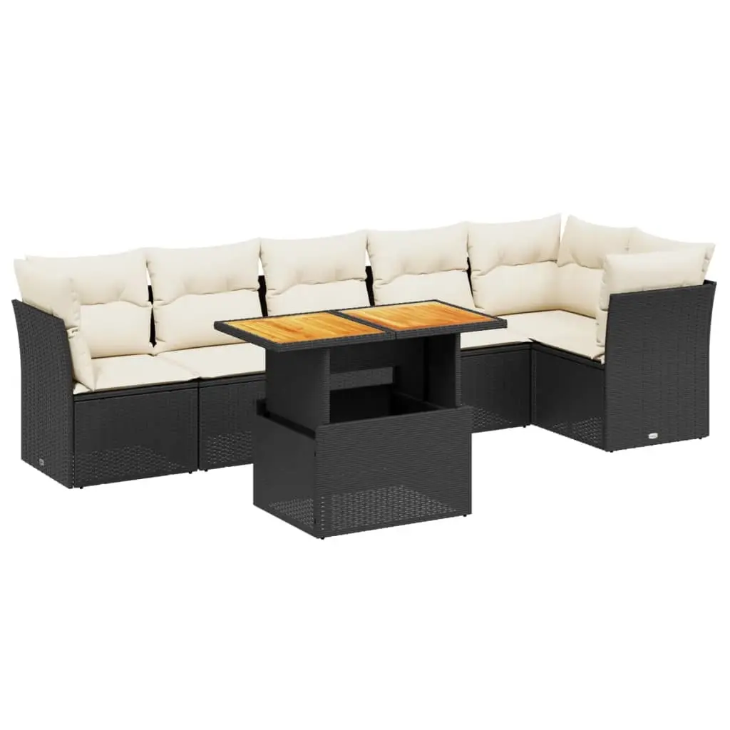 7 Piece Garden Sofa Set with Cushions Black Poly Rattan 3270839 - Furniture