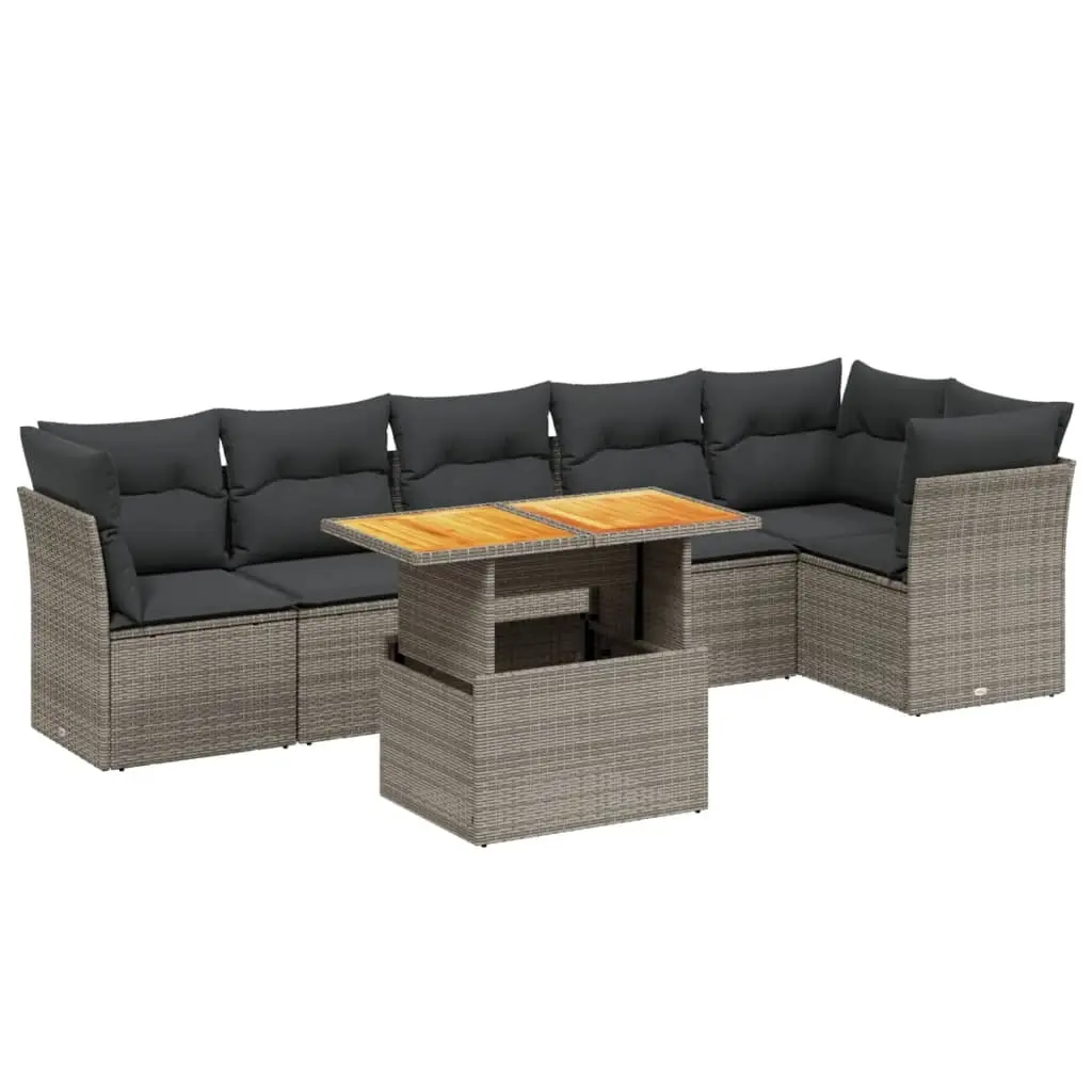 7 Piece Garden Sofa Set with Cushions Grey Poly Rattan 3270843 - Furniture