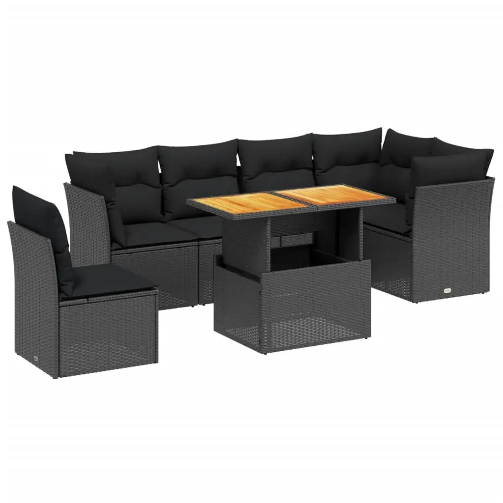 7 Piece Garden Sofa Set with Cushions Black Poly Rattan 3270852 - Furniture