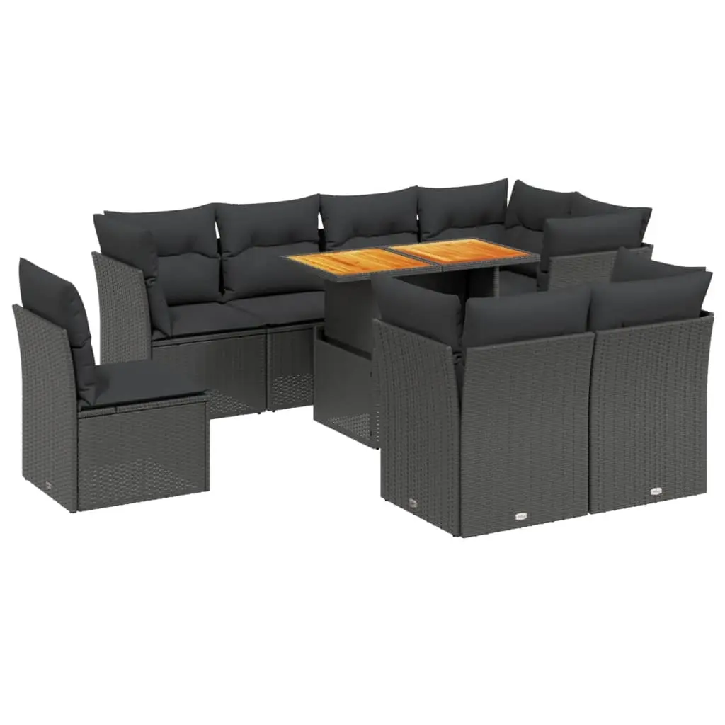 9 Piece Garden Sofa Set with Cushions Black Poly Rattan 3270929 - Furniture