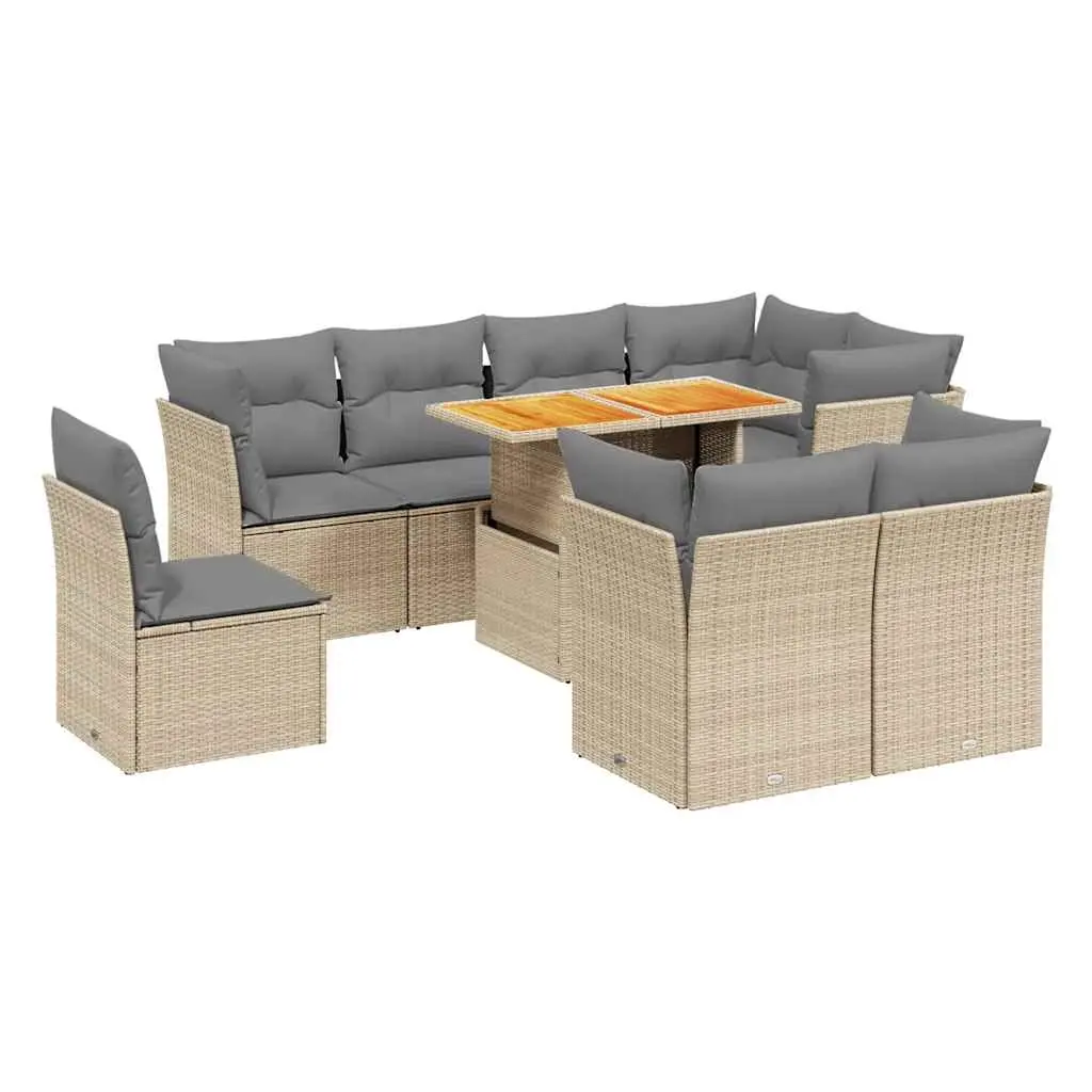 9 Piece Garden Sofa Set with Cushions Beige Poly Rattan 3270933 - Furniture