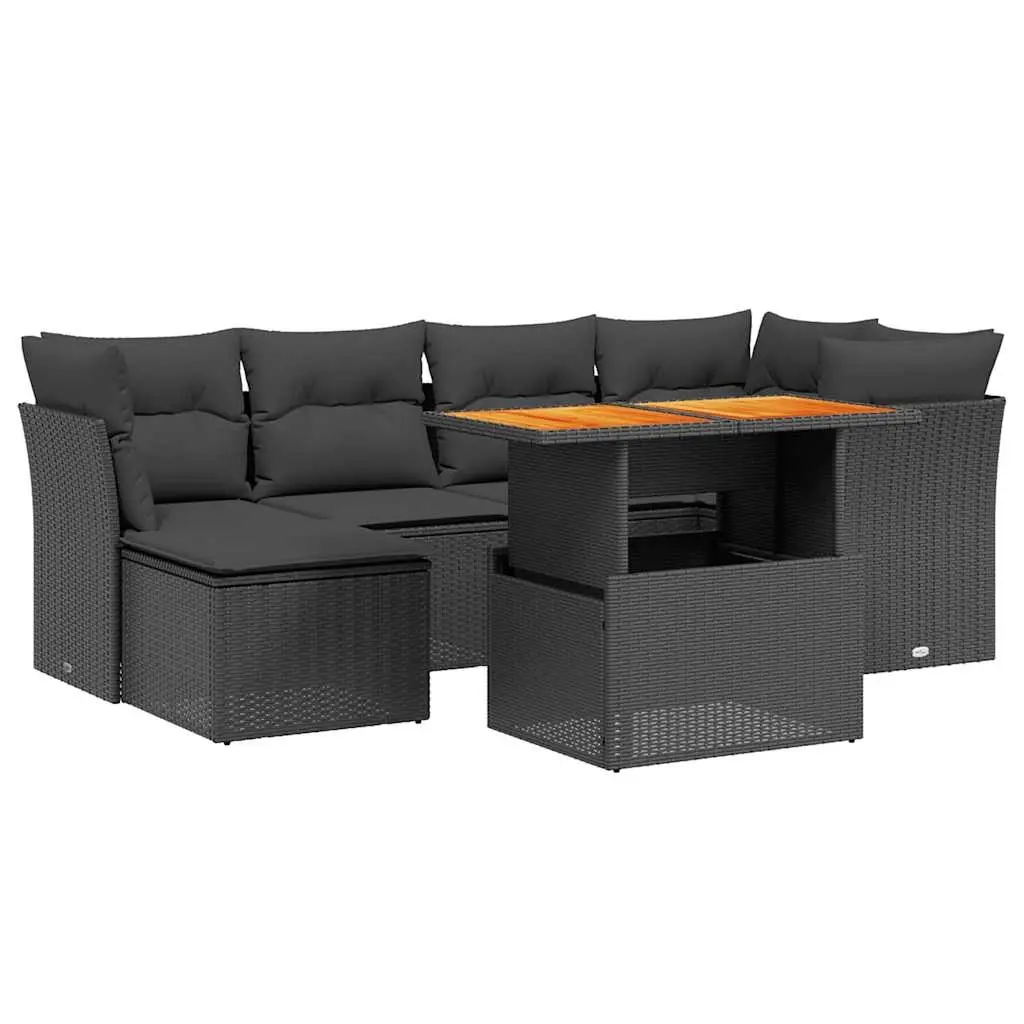 7 Piece Garden Sofa Set with Cushions Black Poly Rattan 3270936 - Furniture