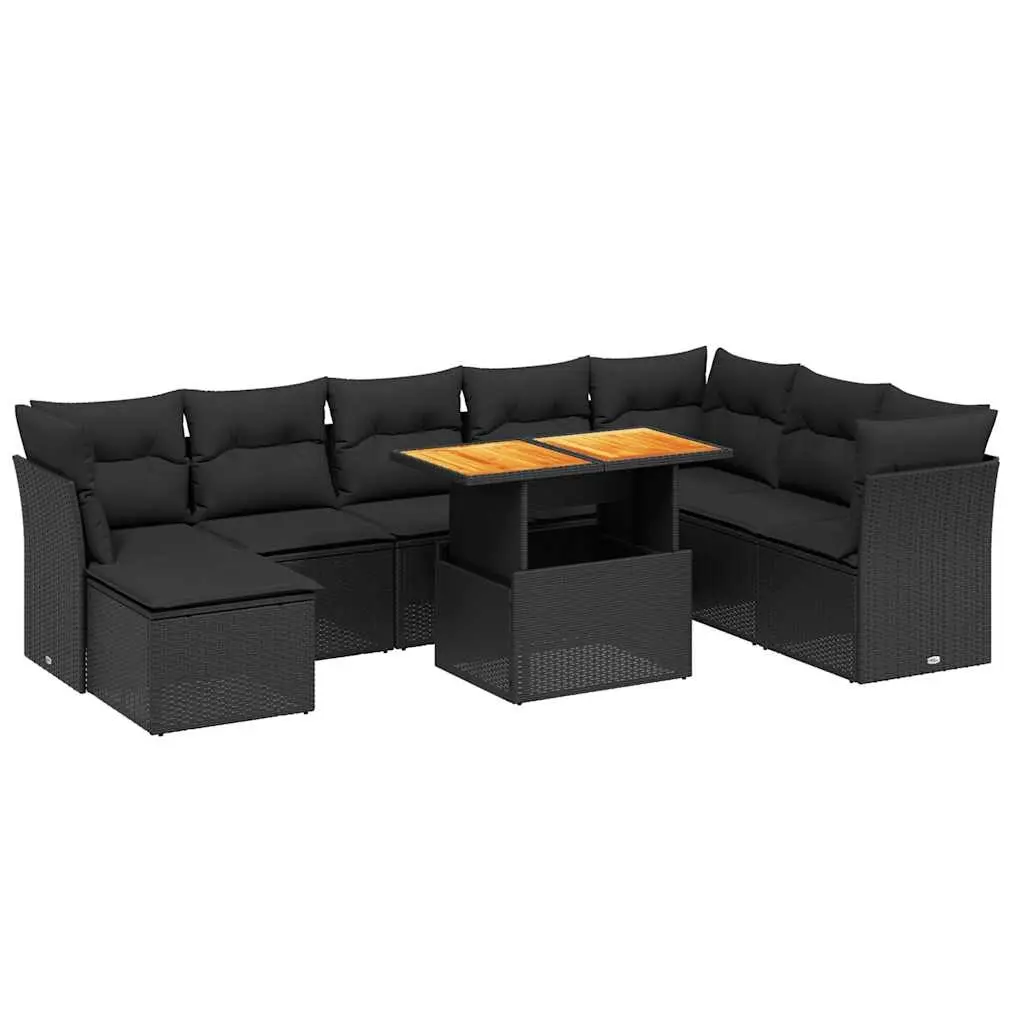 9 Piece Garden Sofa Set with Cushions Black Poly Rattan 3270971 - Furniture
