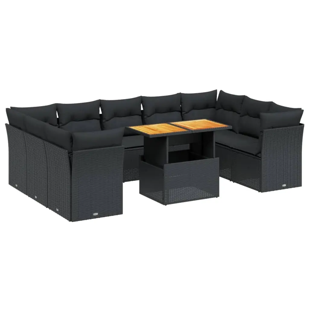 10 Piece Garden Sofa Set with Cushions Black Poly Rattan 3270992 - Furniture