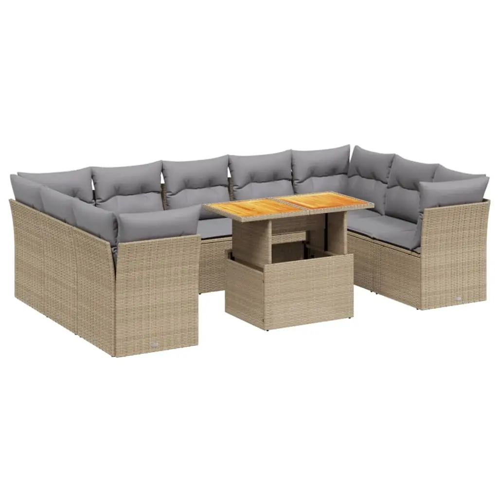 10 Piece Garden Sofa Set with Cushions Beige Poly Rattan 3270996 - Furniture