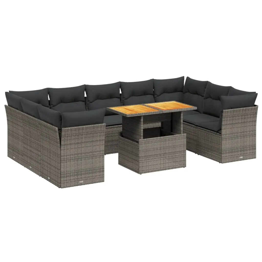 10 Piece Garden Sofa Set with Cushions Grey Poly Rattan 3270997 - Furniture
