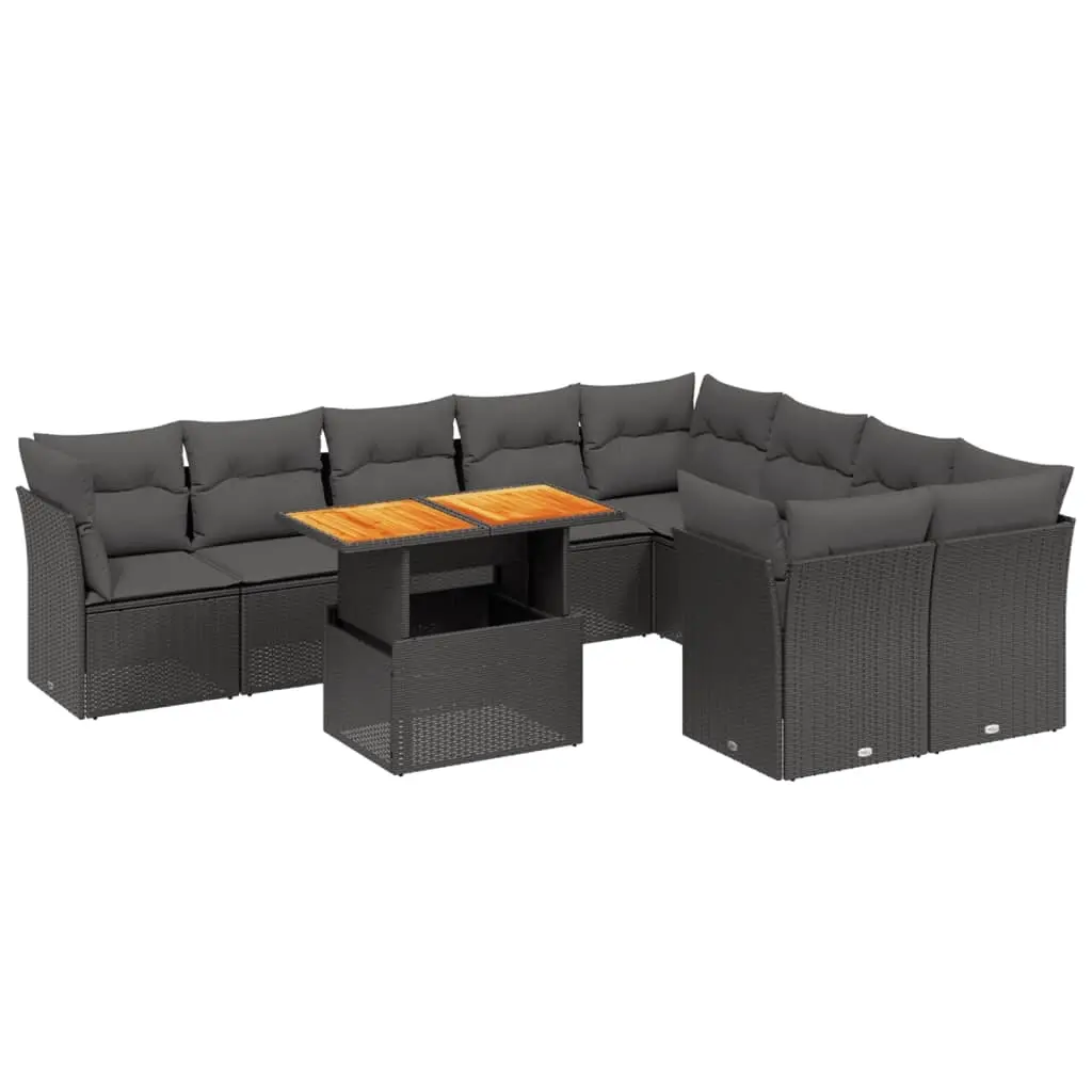 10 Piece Garden Sofa Set with Cushions Black Poly Rattan 3271006 - Furniture