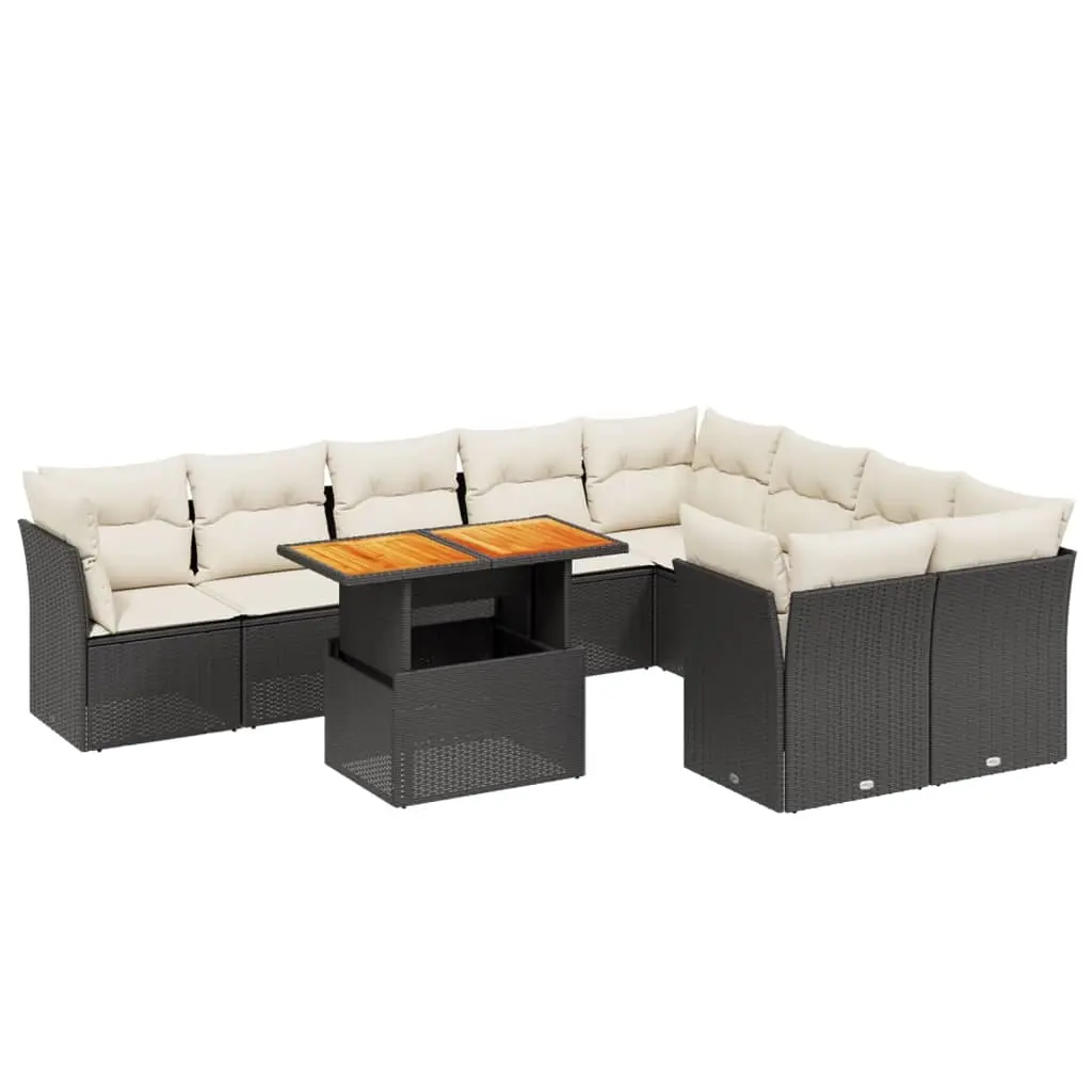 10 Piece Garden Sofa Set with Cushions Black Poly Rattan 3271007 - Furniture