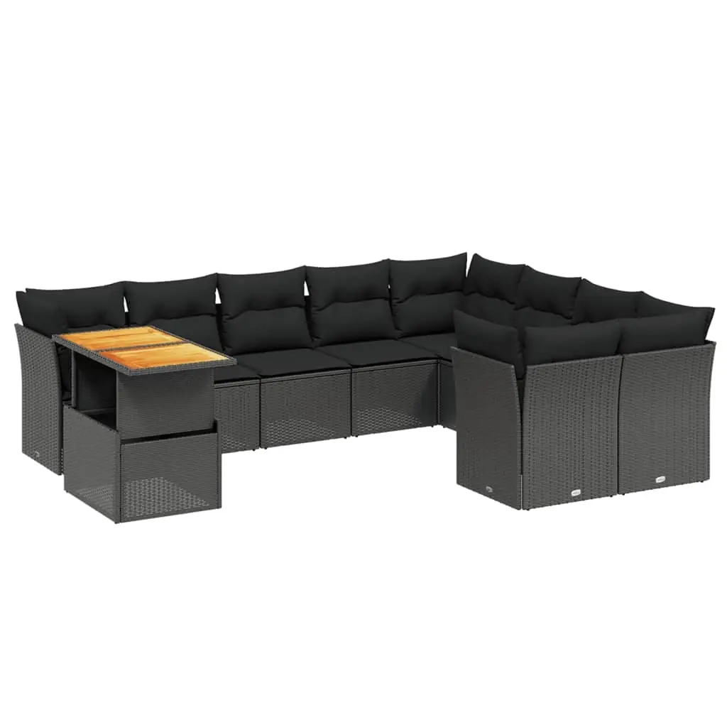 10 Piece Garden Sofa Set with Cushions Black Poly Rattan 3271013 - Furniture