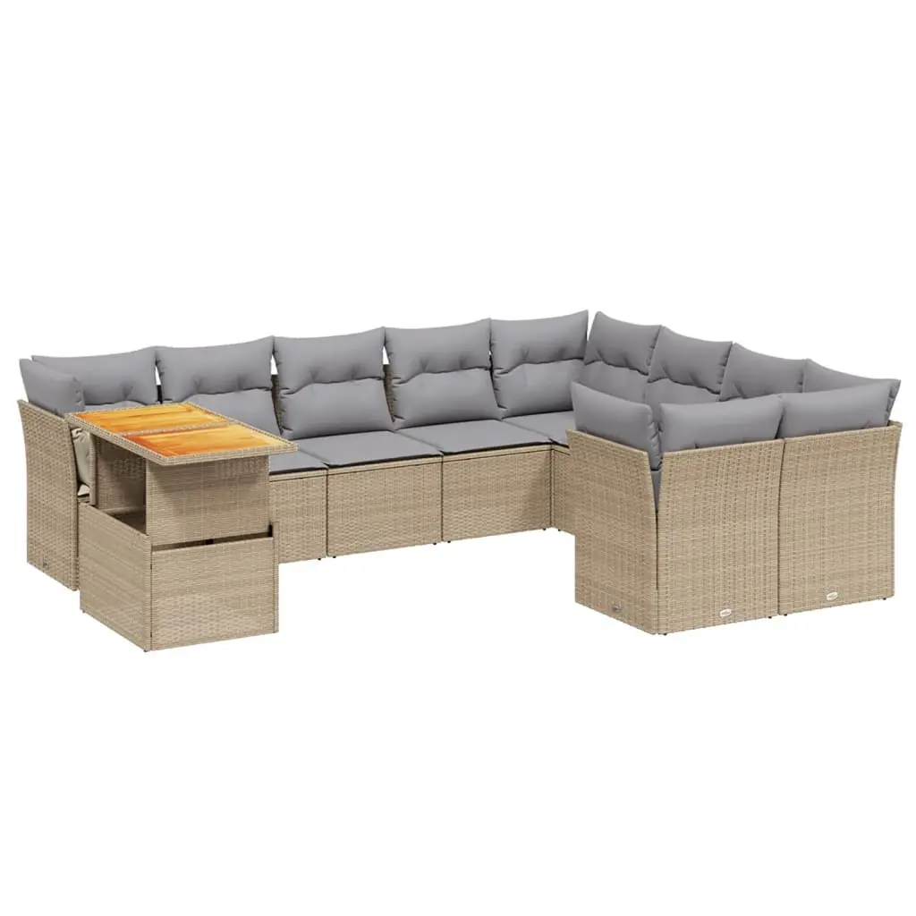 10 Piece Garden Sofa Set with Cushions Beige Poly Rattan 3271017 - Furniture