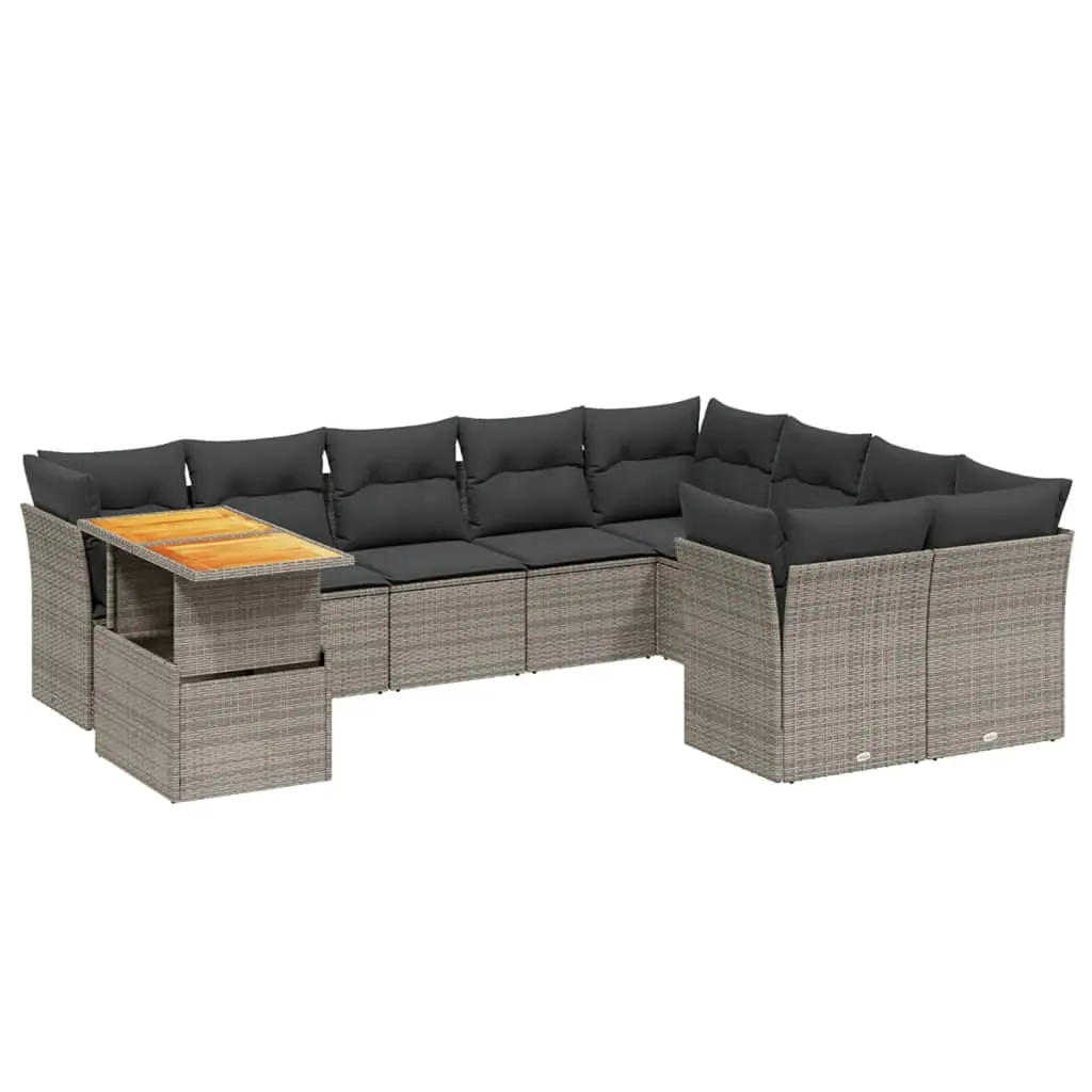 10 Piece Garden Sofa Set with Cushions Grey Poly Rattan 3271018 - Furniture