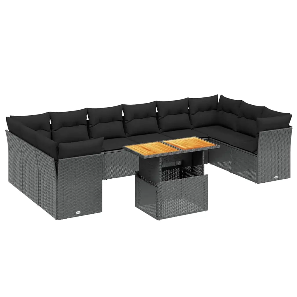 11 Piece Garden Sofa Set with Cushions Black Poly Rattan 3271020 - Furniture