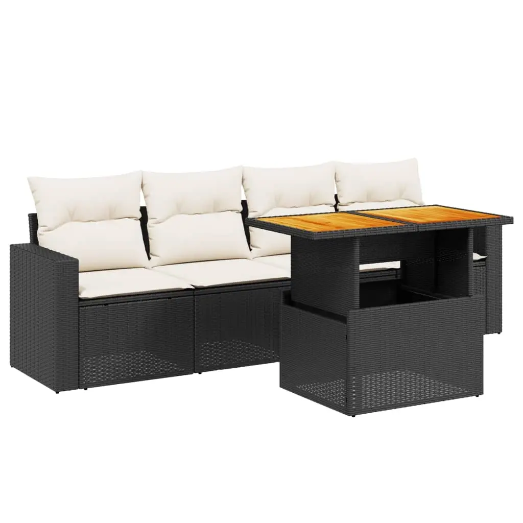 5 Piece Garden Sofa Set with Cushions Black Poly Rattan 3271189 - Furniture