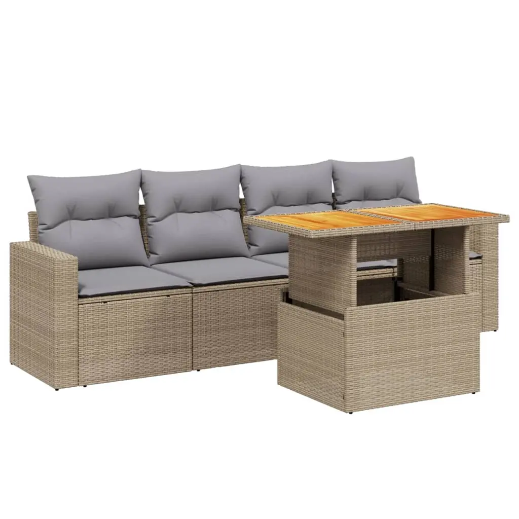5 Piece Garden Sofa Set with Cushions Beige Poly Rattan 3271192 - Furniture