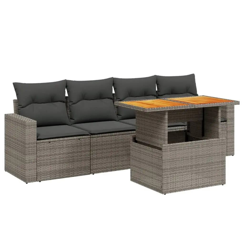 5 Piece Garden Sofa Set with Cushions Grey Poly Rattan 3271193 - Furniture