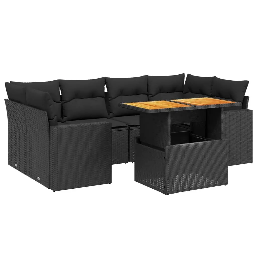 7 Piece Garden Sofa Set with Cushions Black Poly Rattan 3271209 - Furniture