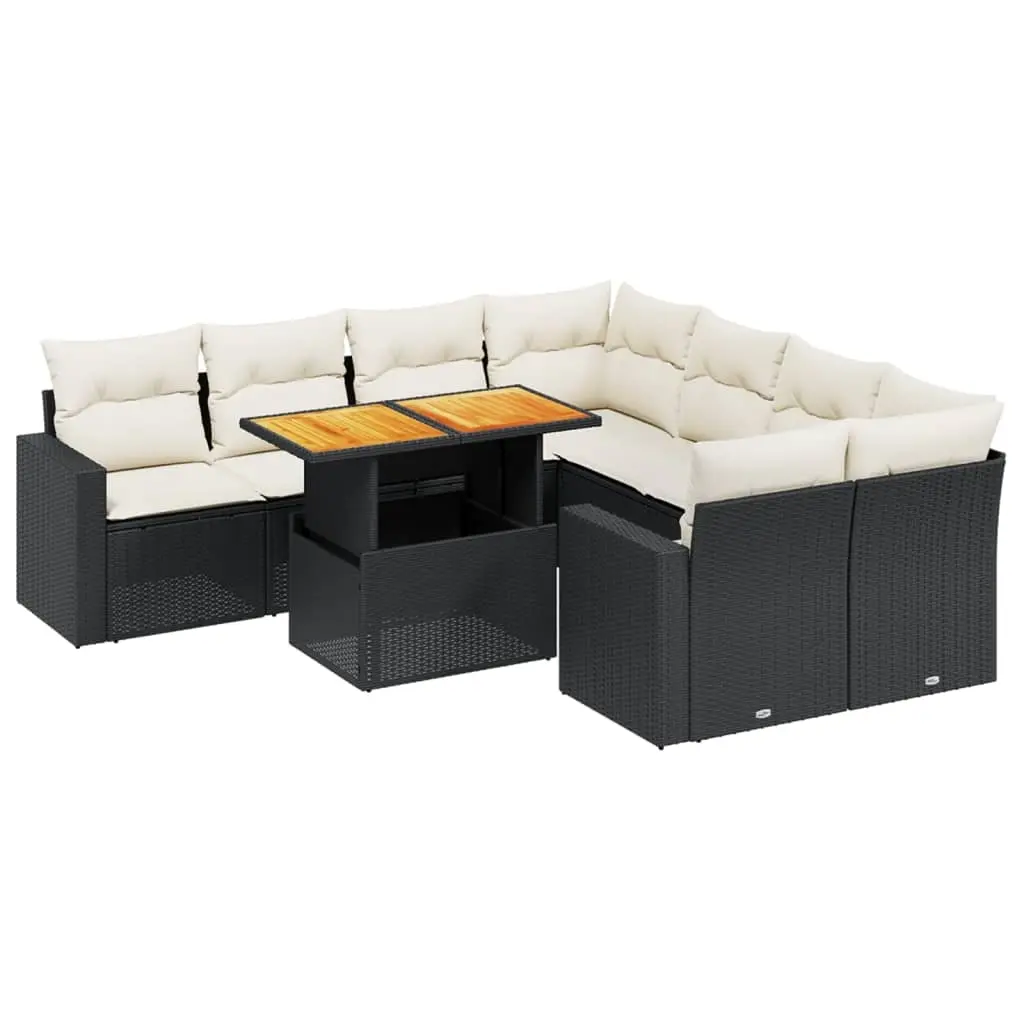 9 Piece Garden Sofa Set with Cushions Black Poly Rattan 3271238 - Furniture
