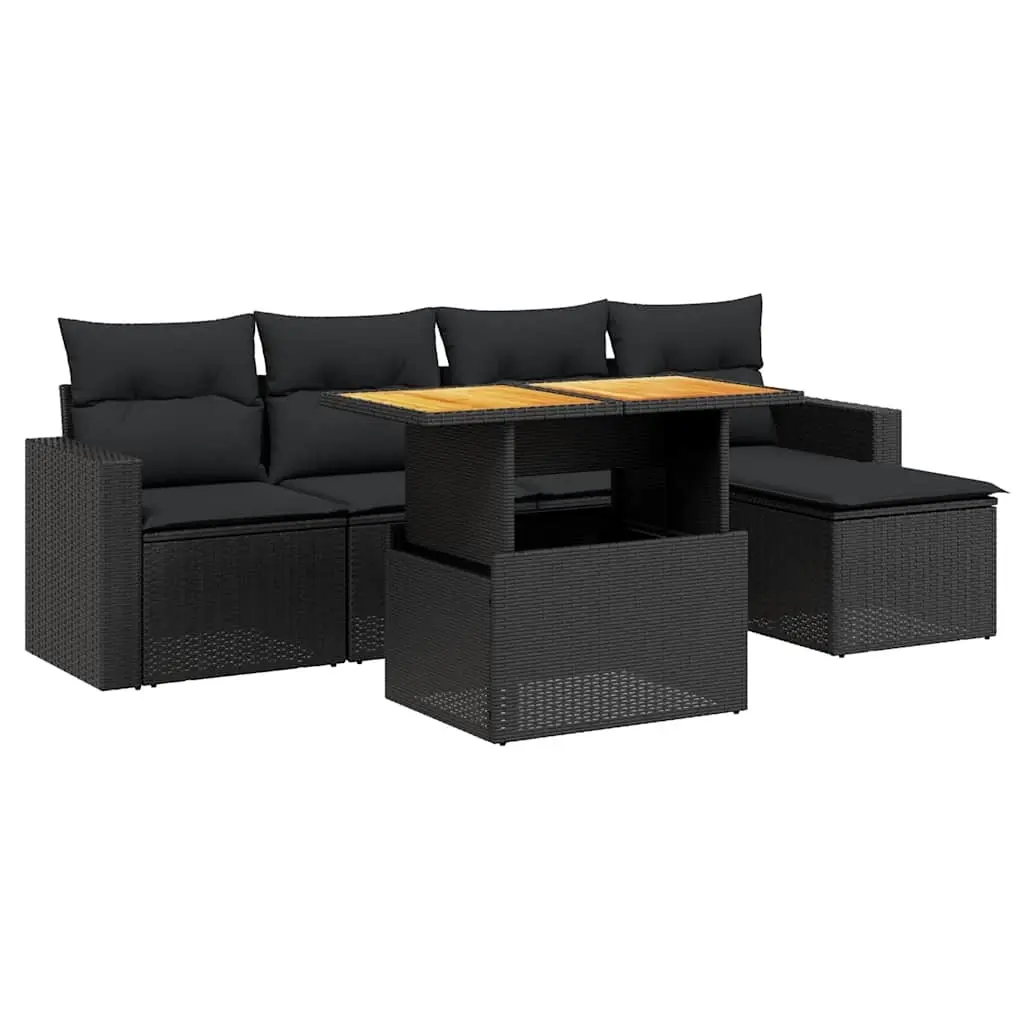 6 Piece Garden Sofa Set with Cushions Black Poly Rattan 3271286 - Furniture