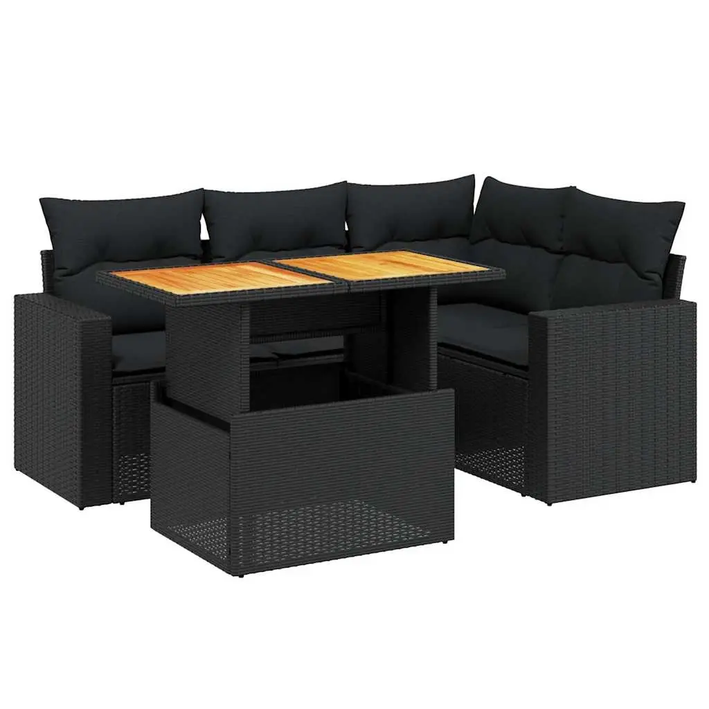 5 Piece Garden Sofa Set with Cushions Black Poly Rattan 3271293 - Furniture