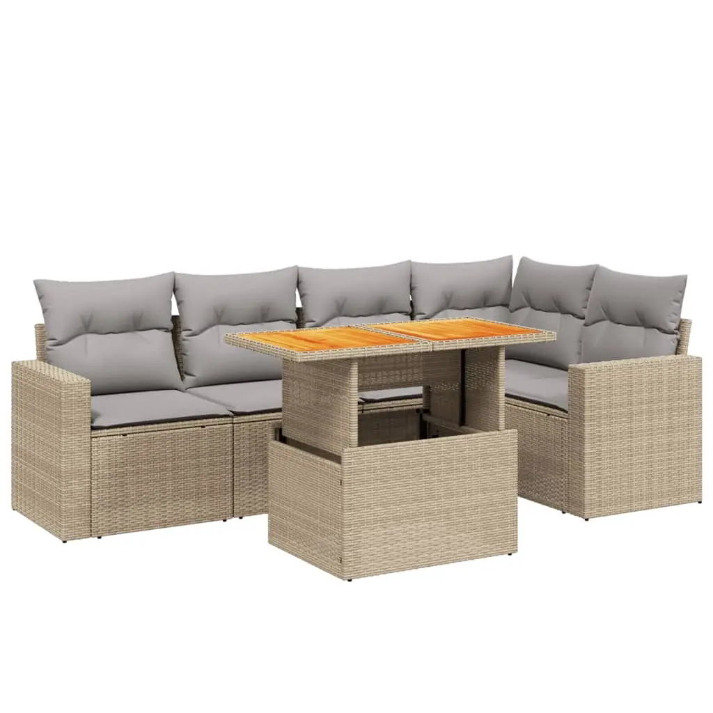 6 Piece Garden Sofa Set with Cushions Beige Poly Rattan 3271304 - Furniture