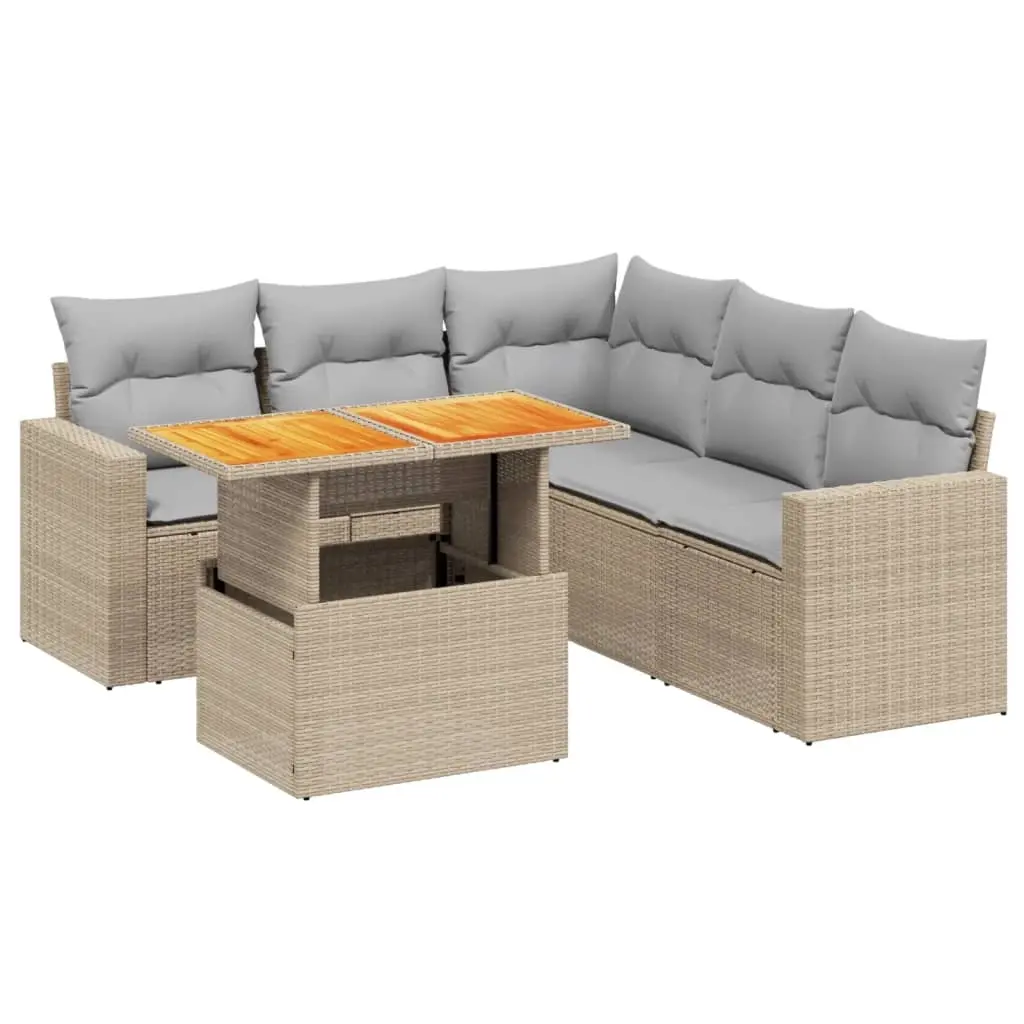 6 Piece Garden Sofa Set with Cushions Beige Poly Rattan 3271311 - Furniture
