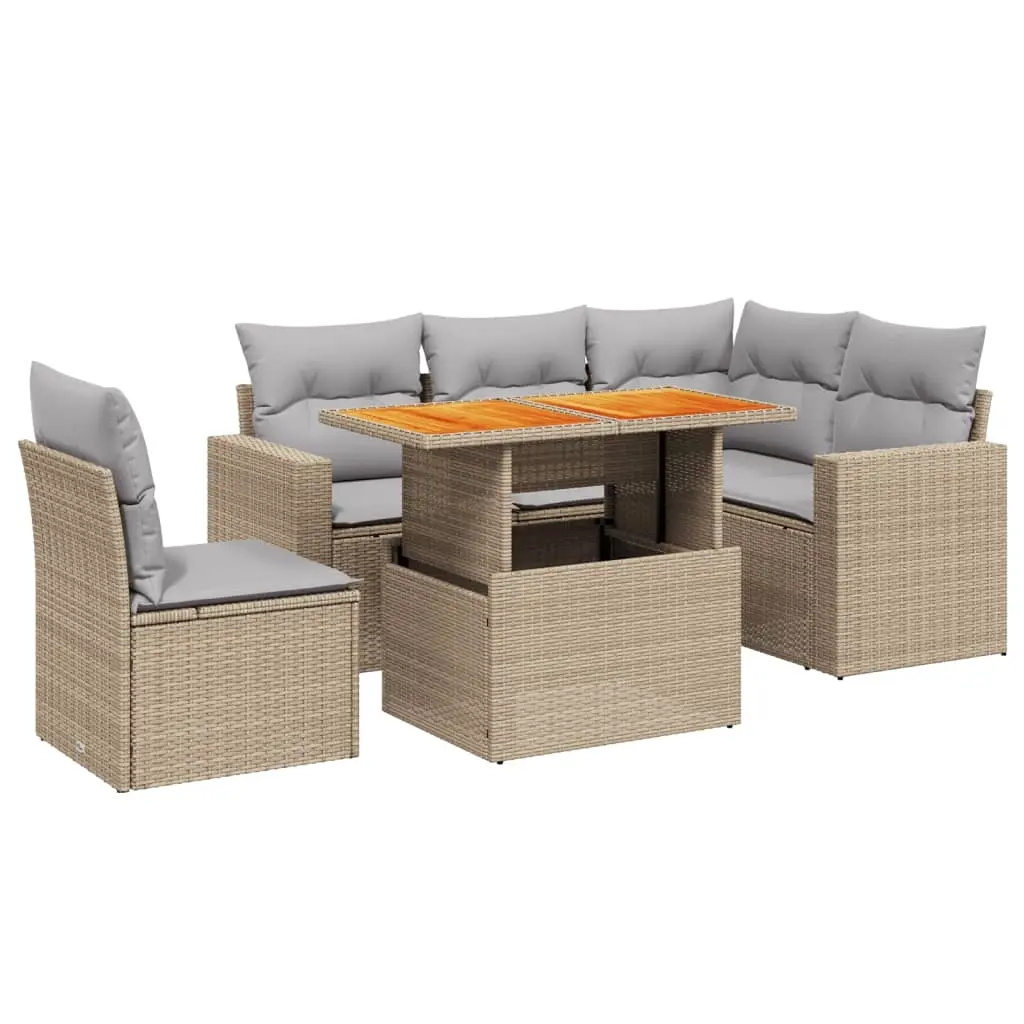 6 Piece Garden Sofa Set with Cushions Beige Poly Rattan 3271318 - Furniture