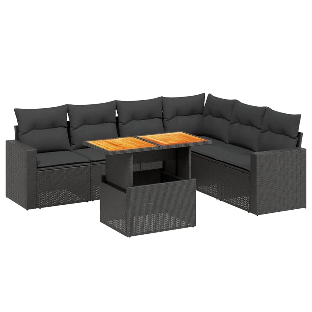 7 Piece Garden Sofa Set with Cushions Black Poly Rattan 3271328 - Furniture