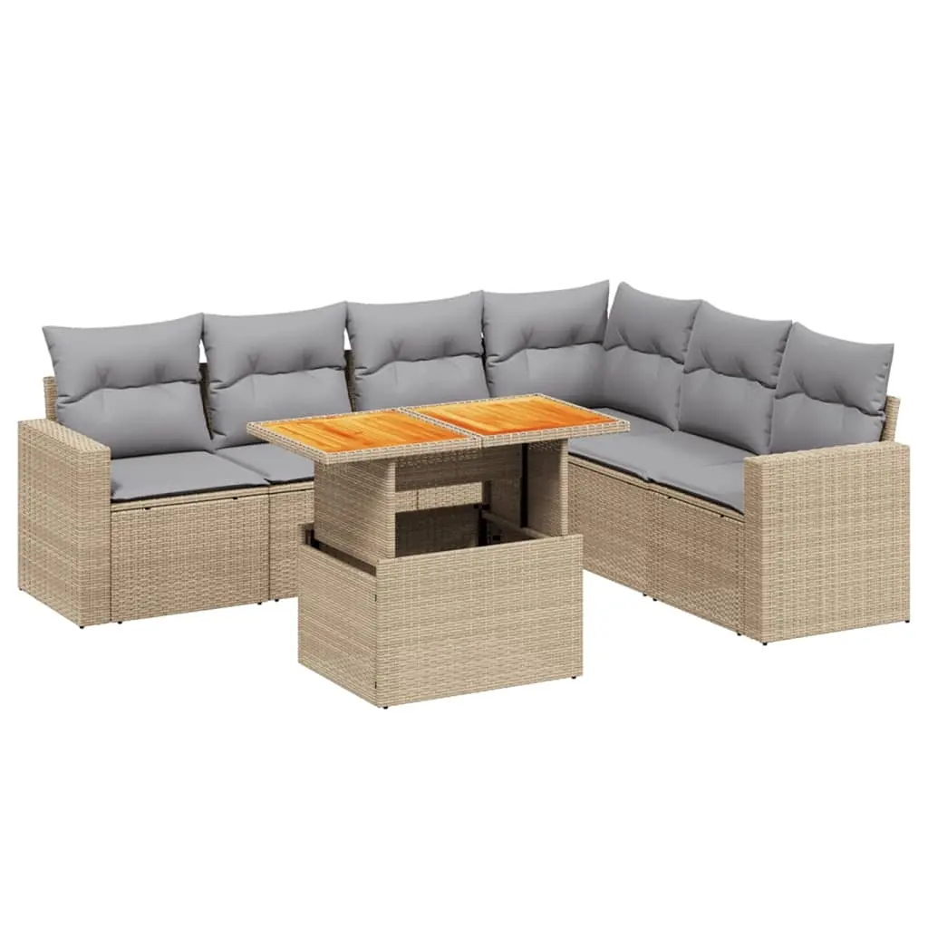 7 Piece Garden Sofa Set with Cushions Beige Poly Rattan 3271332 - Furniture