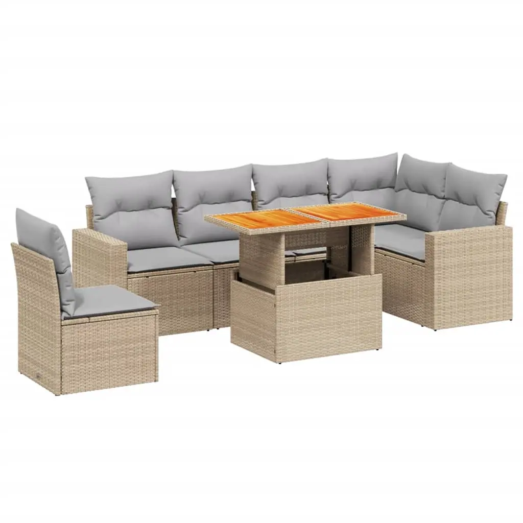 7 Piece Garden Sofa Set with Cushions Beige Poly Rattan 3271339 - Furniture