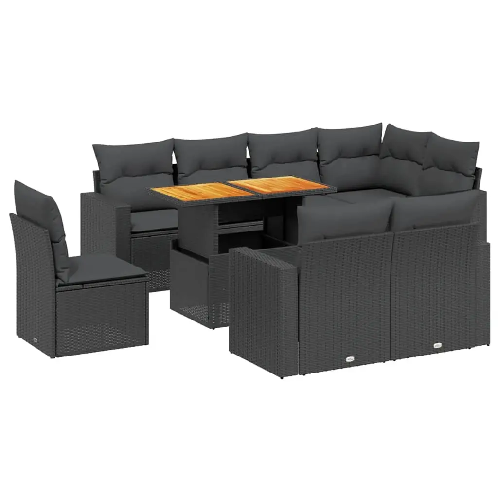 9 Piece Garden Sofa Set with Cushions Black Poly Rattan 3271405 - Furniture