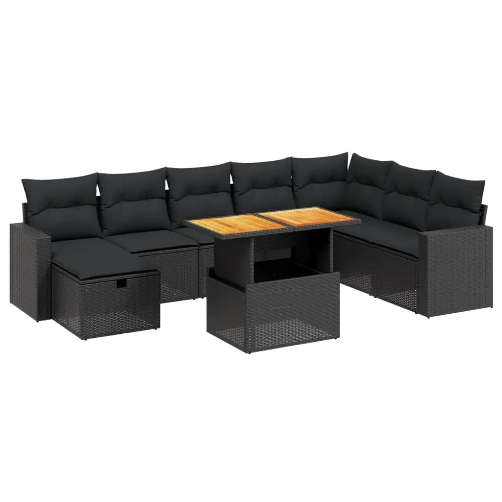 9 Piece Garden Sofa Set with Cushions Black Poly Rattan 3271447 - Furniture