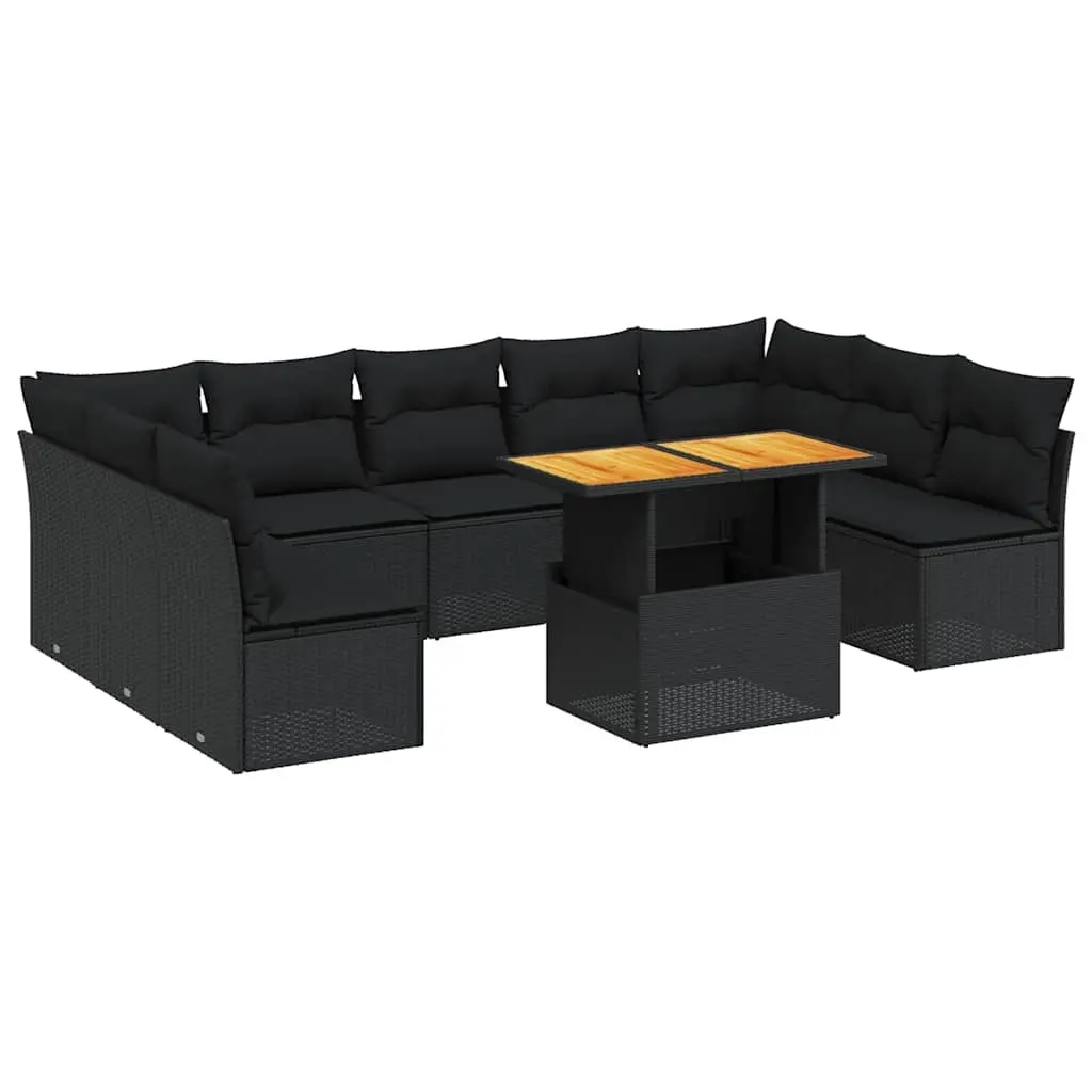 10 Piece Garden Sofa Set with Cushions Black Poly Rattan 3271454 - Furniture