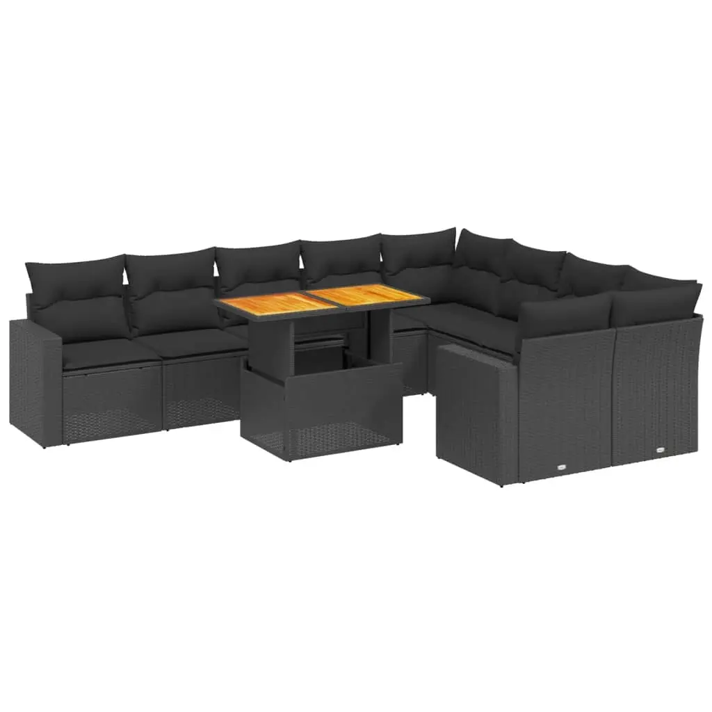 10 Piece Garden Sofa Set with Cushions Black Poly Rattan 3271468 - Furniture