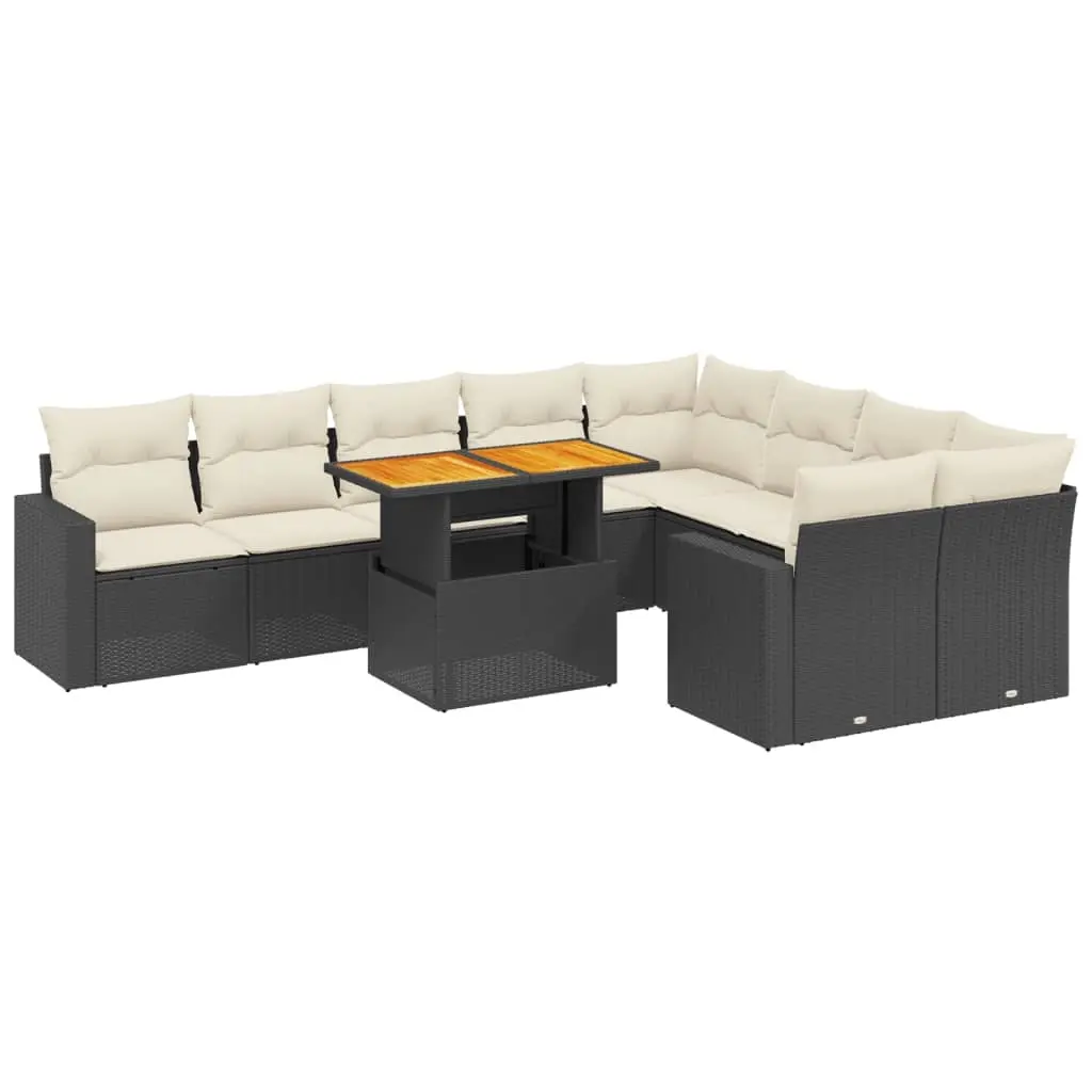 10 Piece Garden Sofa Set with Cushions Black Poly Rattan 3271469 - Furniture