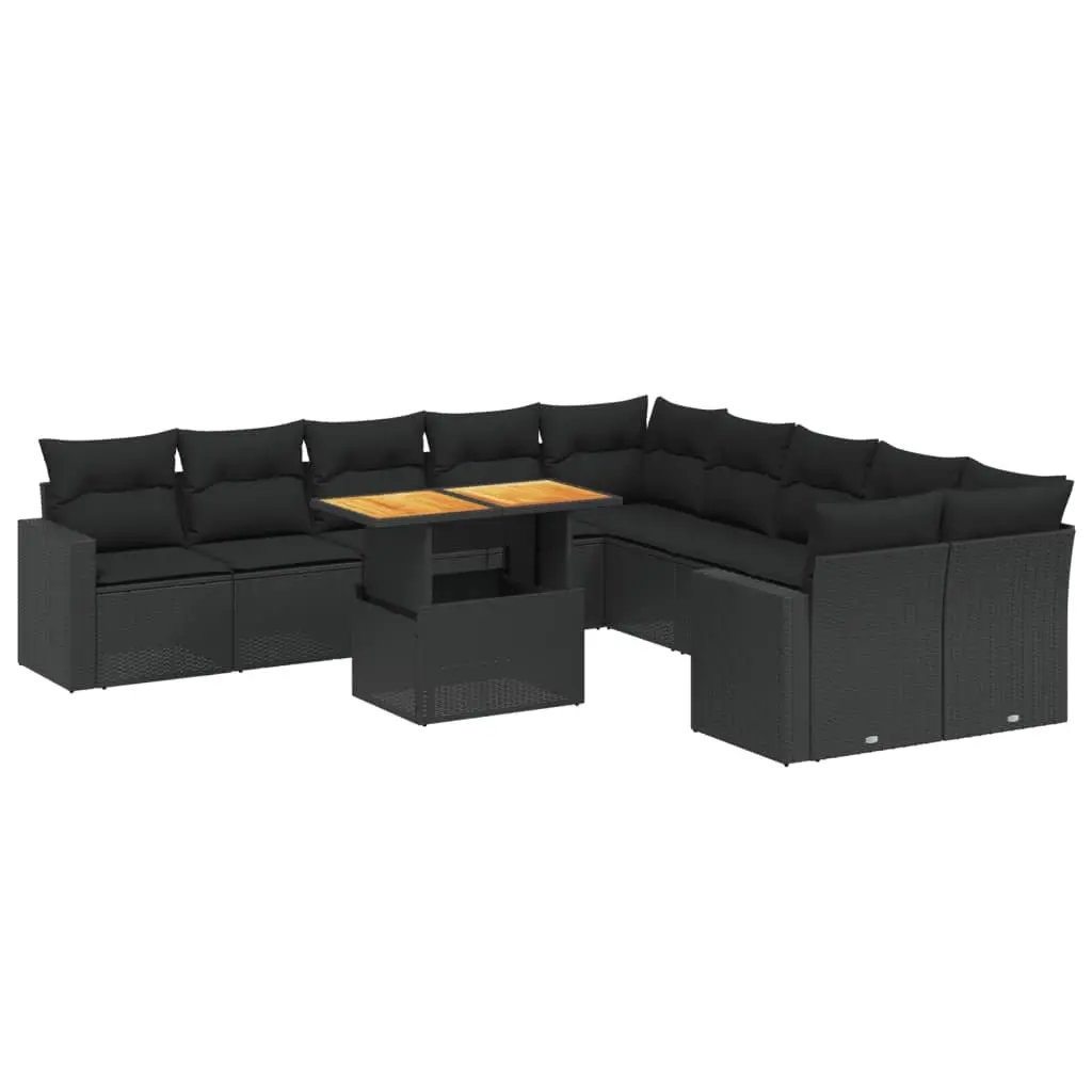 11 Piece Garden Sofa Set with Cushions Black Poly Rattan 3271503 - Furniture