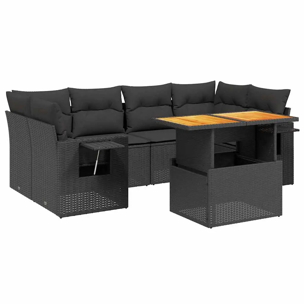 7 Piece Garden Sofa Set with Cushions Black Poly Rattan 3271650 - Furniture