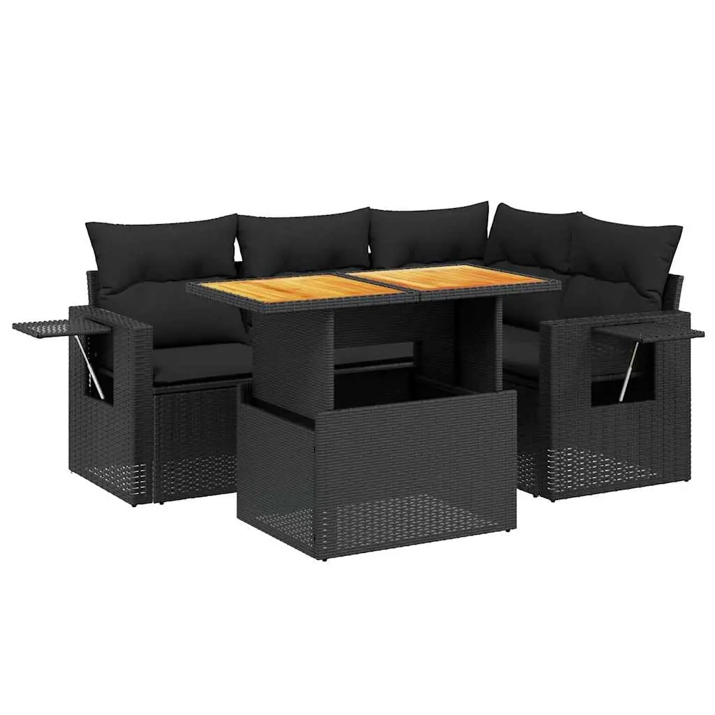 5 Piece Garden Sofa Set with Cushions Black Poly Rattan 3271734 - Furniture