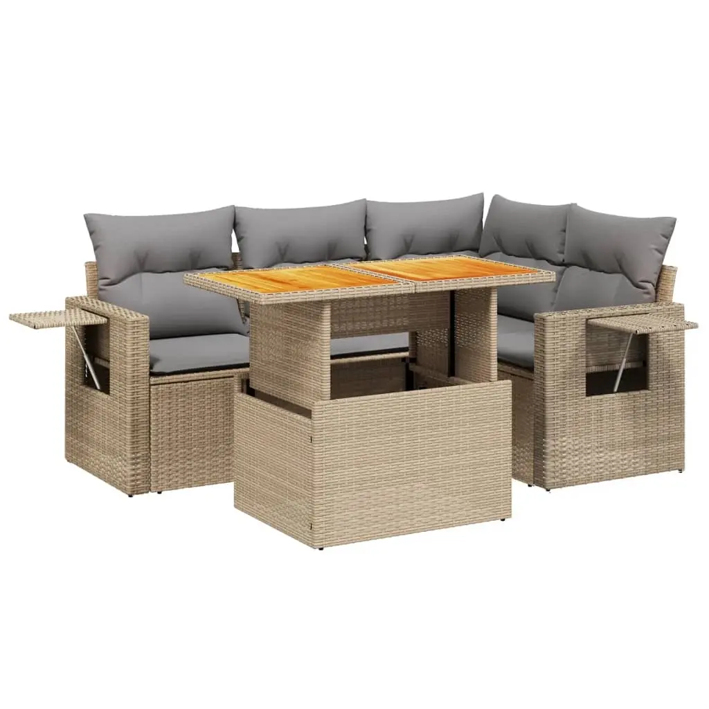 5 Piece Garden Sofa Set with Cushions Beige Poly Rattan 3271738 - Furniture