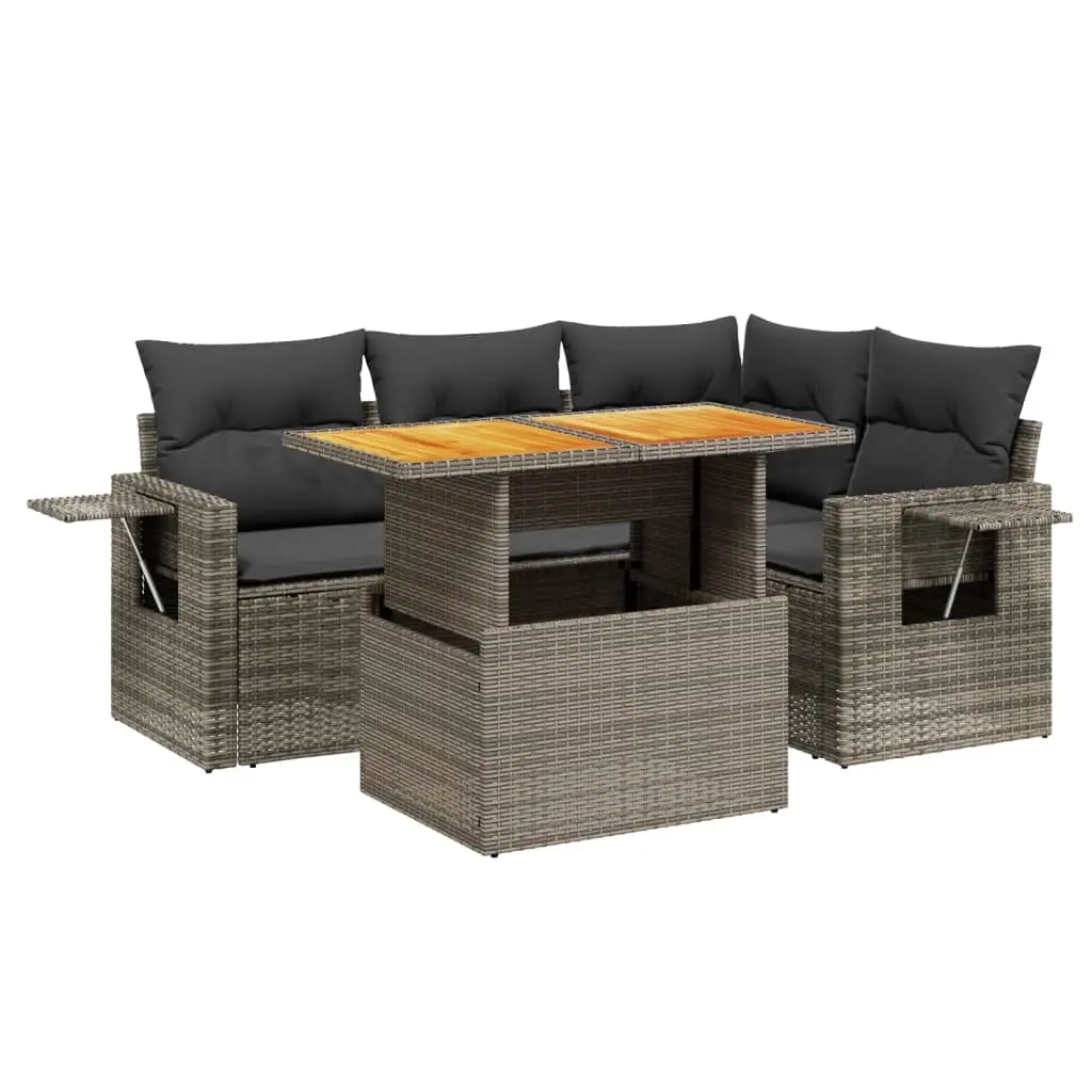 5 Piece Garden Sofa Set with Cushions Grey Poly Rattan 3271739 - Furniture