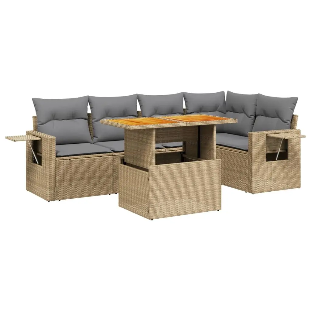6 Piece Garden Sofa Set with Cushions Beige Poly Rattan 3271745 - Furniture