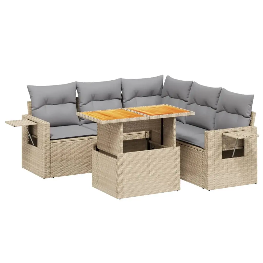 6 Piece Garden Sofa Set with Cushions Beige Poly Rattan 3271752 - Furniture