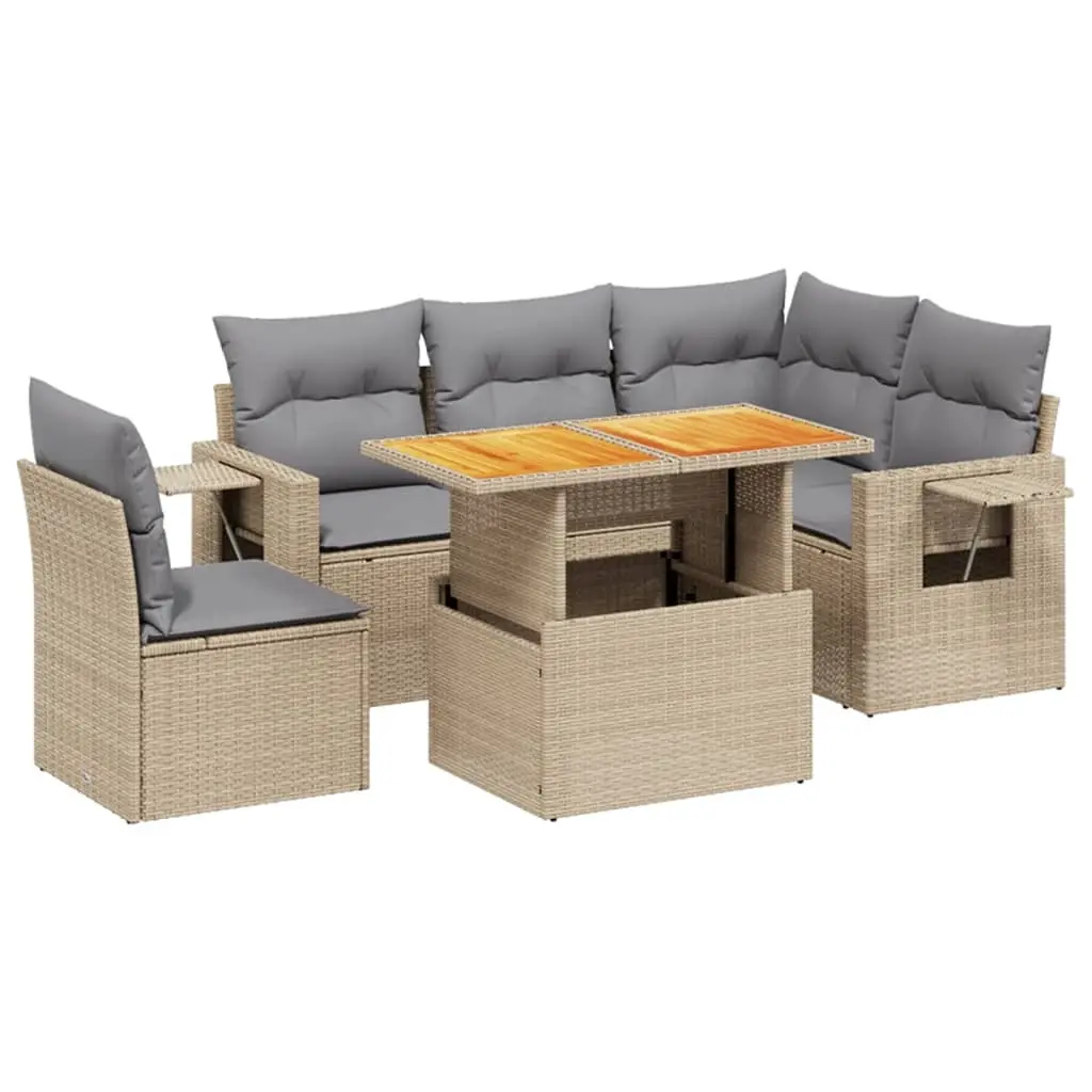 6 Piece Garden Sofa Set with Cushions Beige Poly Rattan 3271759 - Furniture