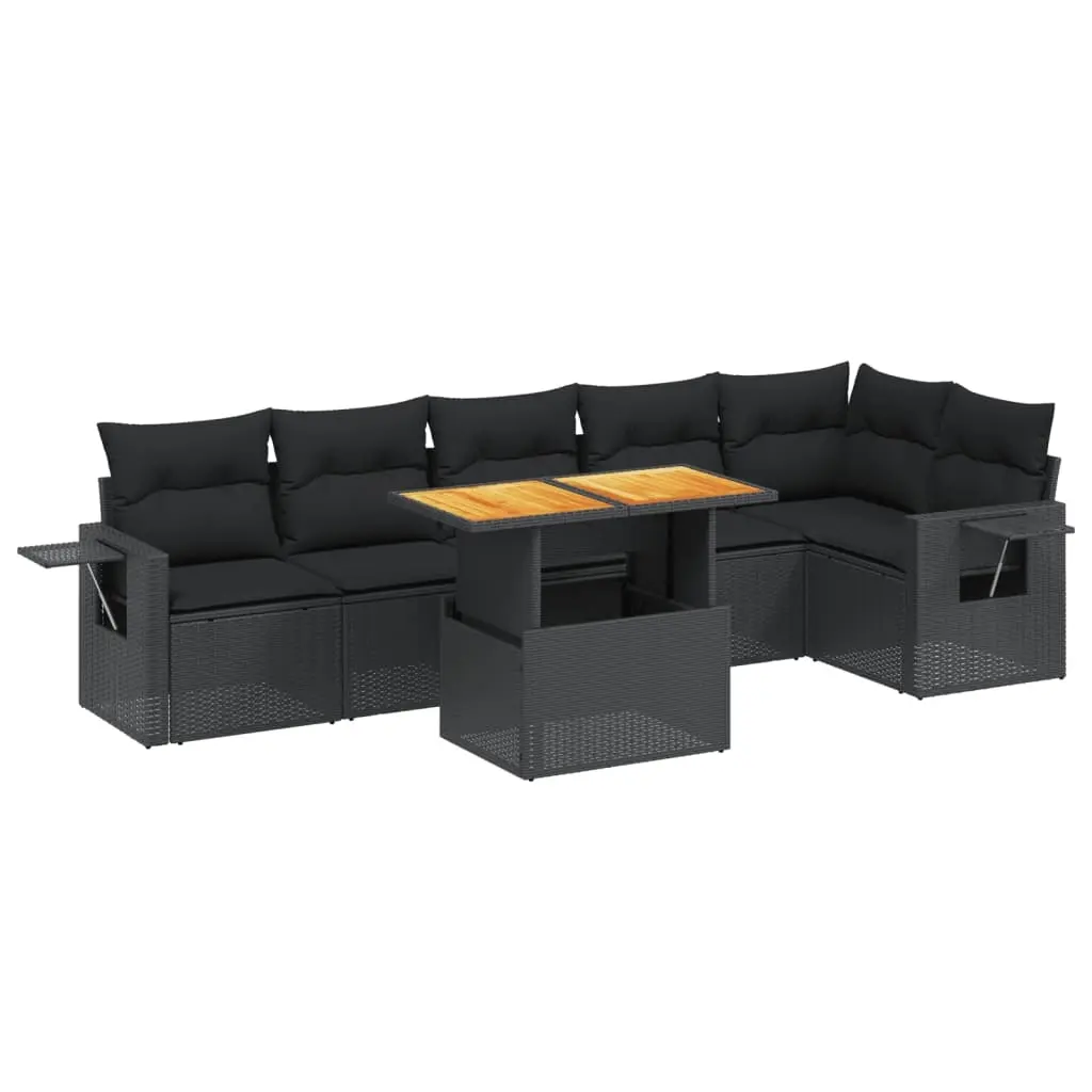 7 Piece Garden Sofa Set with Cushions Black Poly Rattan 3271762 - Furniture