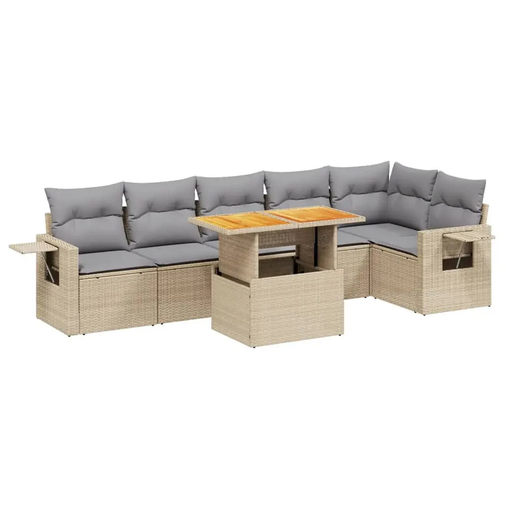 7 Piece Garden Sofa Set with Cushions Beige Poly Rattan 3271766 - Furniture
