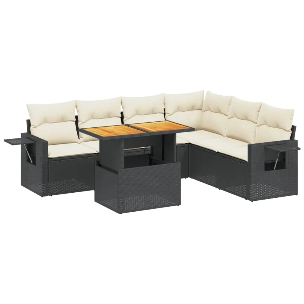 7 Piece Garden Sofa Set with Cushions Black Poly Rattan 3271770 - Furniture