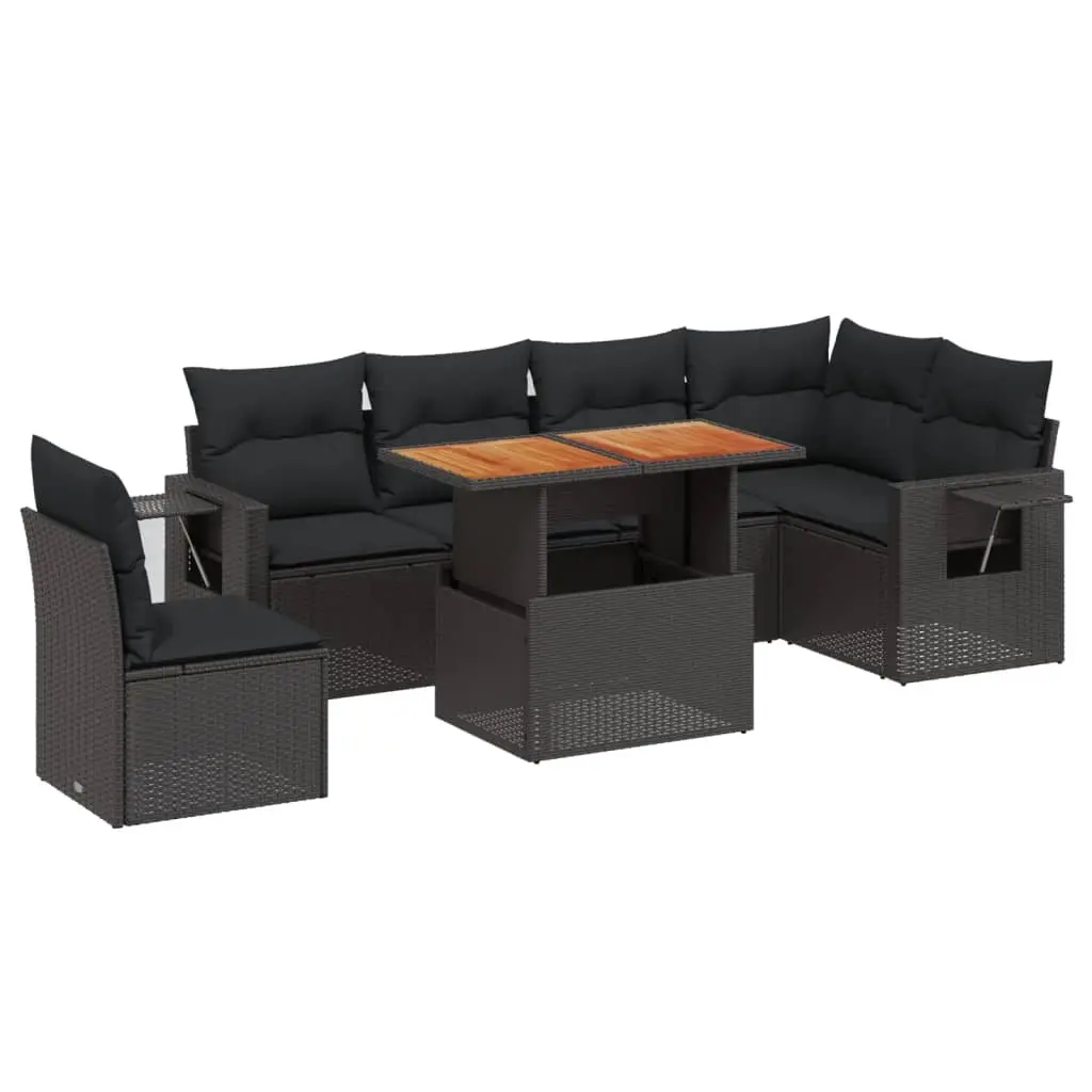 7 Piece Garden Sofa Set with Cushions Black Poly Rattan 3271776 - Furniture